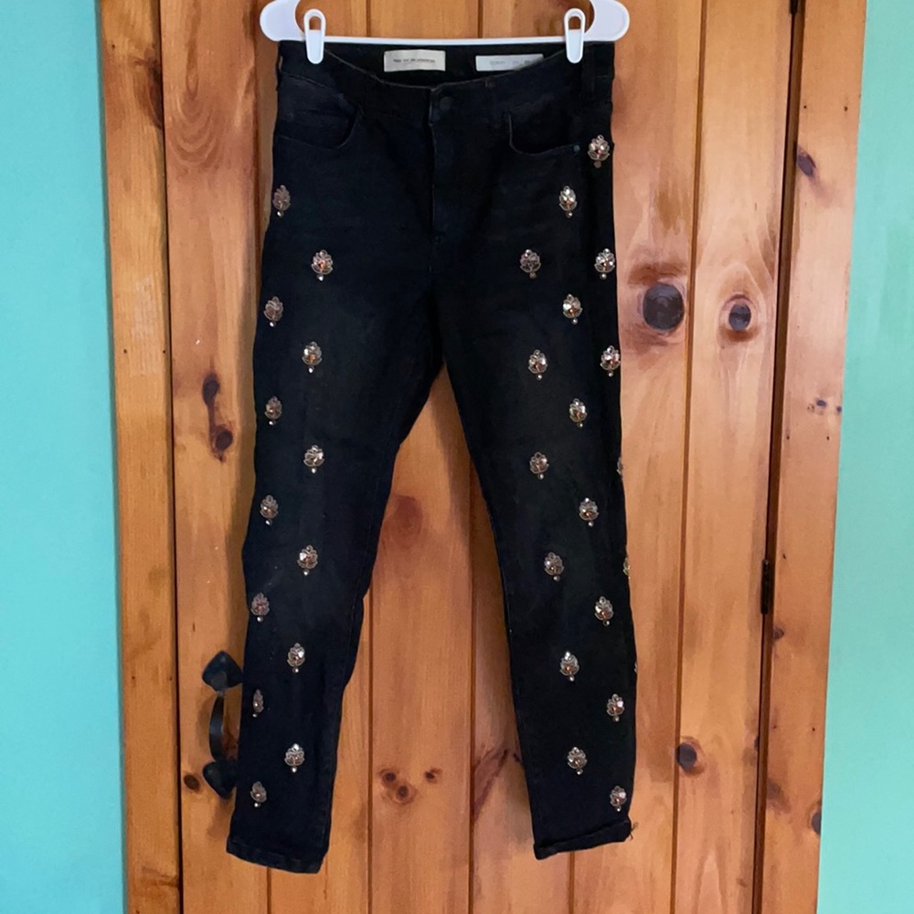 Pilcro and the letterpress skinny stretch black jeans with embellishments—RARE